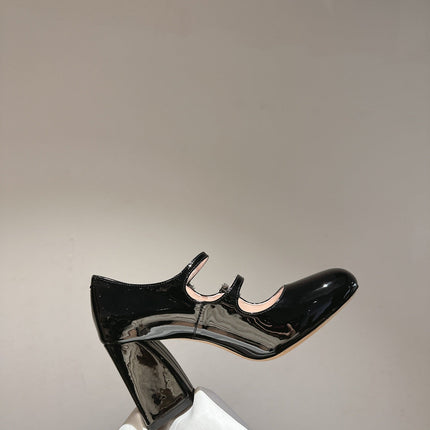 TRÈS VIVIER MARY JANE DOUBLE-STRAP PUMPS IN BLACK PATENT CALFSKIN