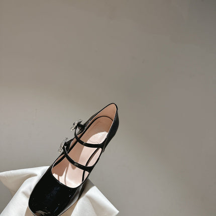 TRÈS VIVIER MARY JANE DOUBLE-STRAP PUMPS IN BLACK PATENT CALFSKIN