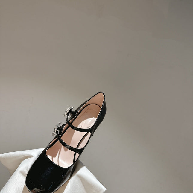 TRÈS VIVIER MARY JANE DOUBLE-STRAP PUMPS IN BLACK PATENT CALFSKIN