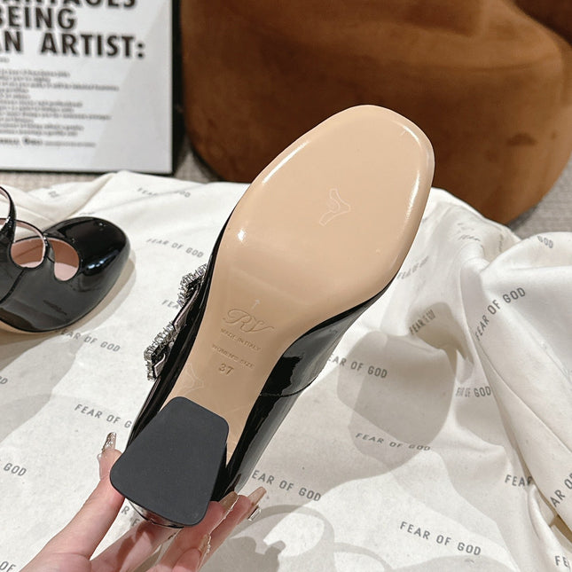 TRÈS VIVIER MARY JANE DOUBLE-STRAP PUMPS IN BLACK PATENT CALFSKIN