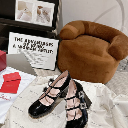 TRÈS VIVIER MARY JANE DOUBLE-STRAP PUMPS IN BLACK PATENT CALFSKIN