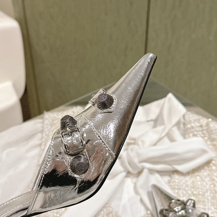 CAGOLE POINTED HIGH MULES IN SILVER SHINY CALFSKIN