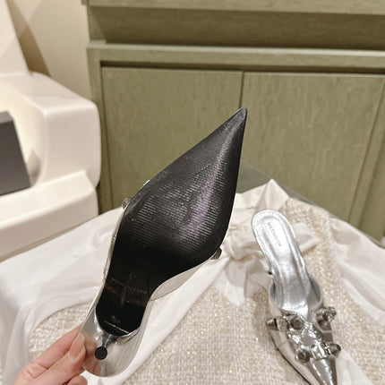 CAGOLE POINTED HIGH MULES IN SILVER SHINY CALFSKIN