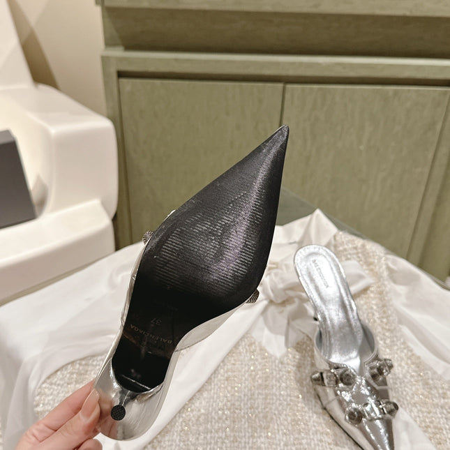 CAGOLE POINTED HIGH MULES IN SILVER SHINY CALFSKIN