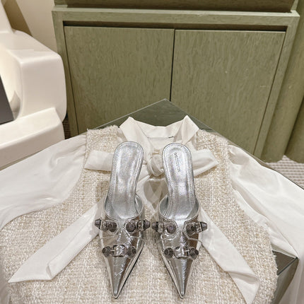 CAGOLE POINTED HIGH MULES IN SILVER SHINY CALFSKIN