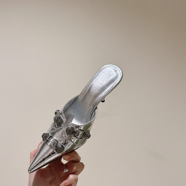 CAGOLE POINTED HIGH MULES IN SILVER SHINY CALFSKIN