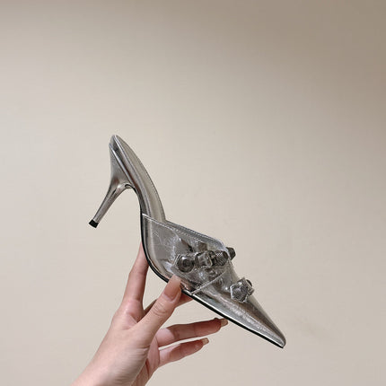CAGOLE POINTED HIGH MULES IN SILVER SHINY CALFSKIN