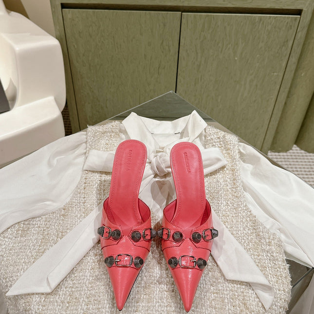 CAGOLE POINTED HIGH MULES IN ROMAN PINK SHINY CALFSKIN