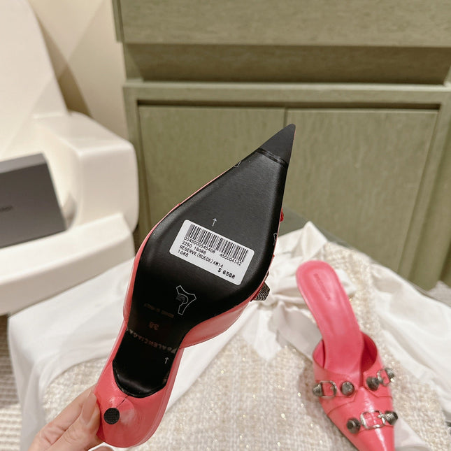 CAGOLE POINTED HIGH MULES IN ROMAN PINK SHINY CALFSKIN