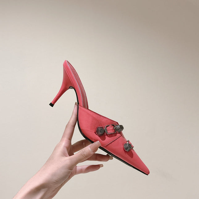 CAGOLE POINTED HIGH MULES IN ROMAN PINK SHINY CALFSKIN