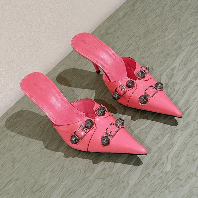 CAGOLE POINTED HIGH MULES IN ROMAN PINK SHINY CALFSKIN