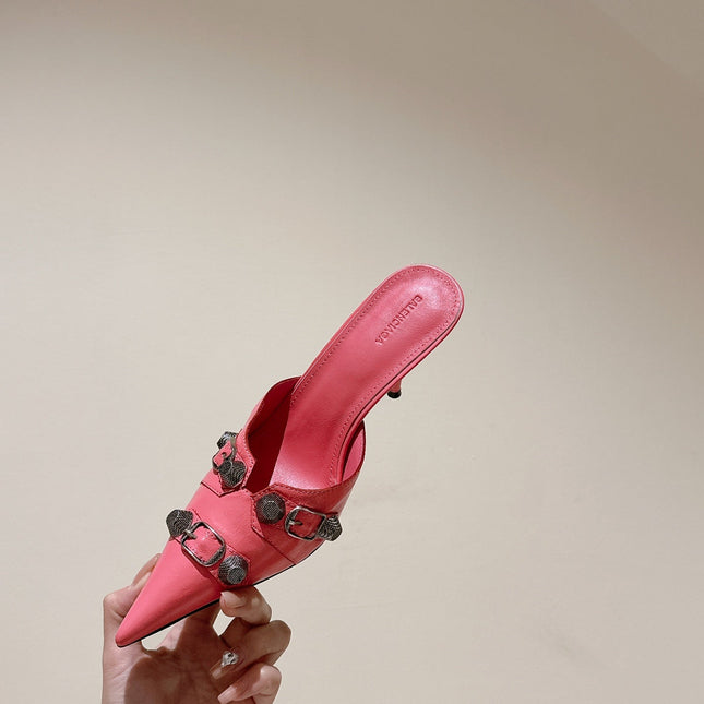 CAGOLE POINTED HIGH MULES IN ROMAN PINK SHINY CALFSKIN