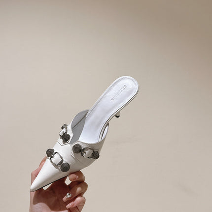 CAGOLE POINTED HIGH MULES IN WHITE SHINY CALFSKIN