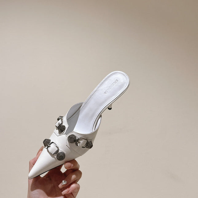 CAGOLE POINTED HIGH MULES IN WHITE SHINY CALFSKIN