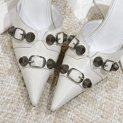 CAGOLE POINTED HIGH MULES IN WHITE SHINY CALFSKIN