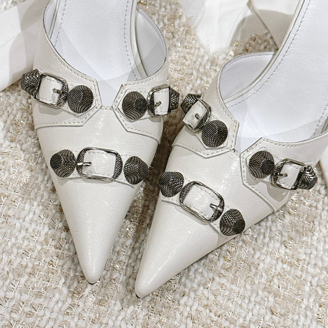 CAGOLE POINTED HIGH MULES IN WHITE SHINY CALFSKIN