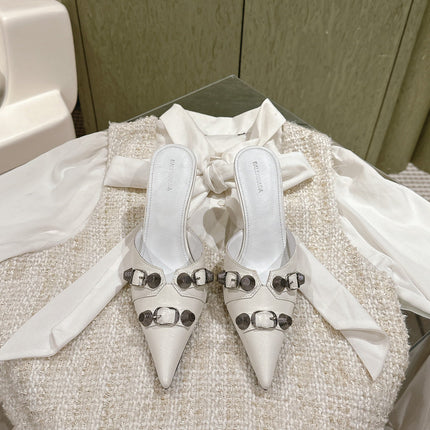 CAGOLE POINTED HIGH MULES IN WHITE SHINY CALFSKIN