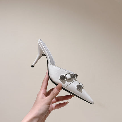CAGOLE POINTED HIGH MULES IN WHITE SHINY CALFSKIN