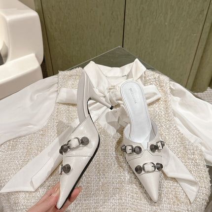 CAGOLE POINTED HIGH MULES IN WHITE SHINY CALFSKIN