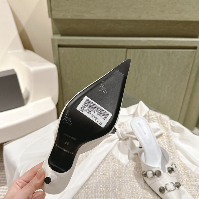 CAGOLE POINTED HIGH MULES IN WHITE SHINY CALFSKIN