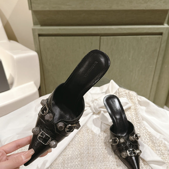 CAGOLE POINTED HIGH MULES IN BLACK SHINY CALFSKIN