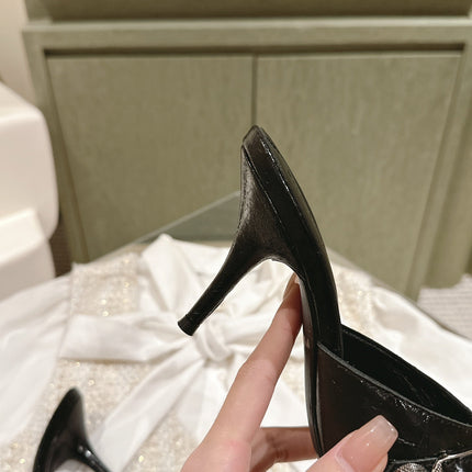 CAGOLE POINTED HIGH MULES IN BLACK SHINY CALFSKIN