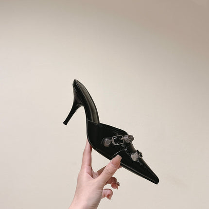 CAGOLE POINTED HIGH MULES IN BLACK SHINY CALFSKIN