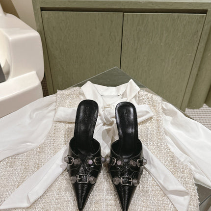 CAGOLE POINTED HIGH MULES IN BLACK SHINY CALFSKIN