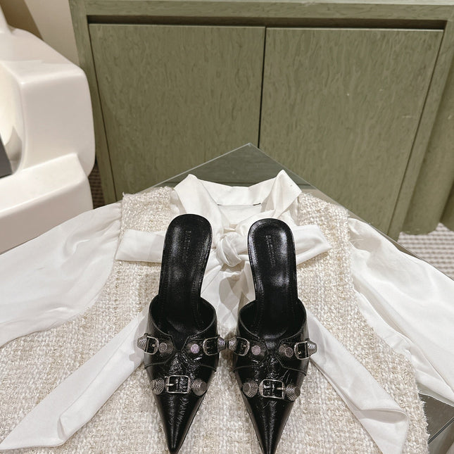 CAGOLE POINTED HIGH MULES IN BLACK SHINY CALFSKIN