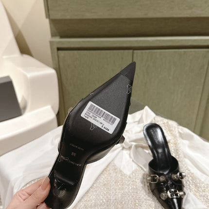 CAGOLE POINTED HIGH MULES IN BLACK SHINY CALFSKIN