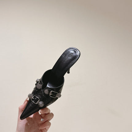 CAGOLE POINTED HIGH MULES IN BLACK SHINY CALFSKIN