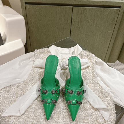 CAGOLE POINTED HIGH MULES IN GREEN SHINY CALFSKIN