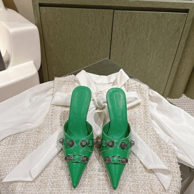 CAGOLE POINTED HIGH MULES IN GREEN SHINY CALFSKIN