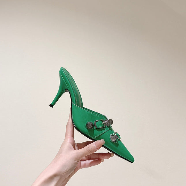 CAGOLE POINTED HIGH MULES IN GREEN SHINY CALFSKIN