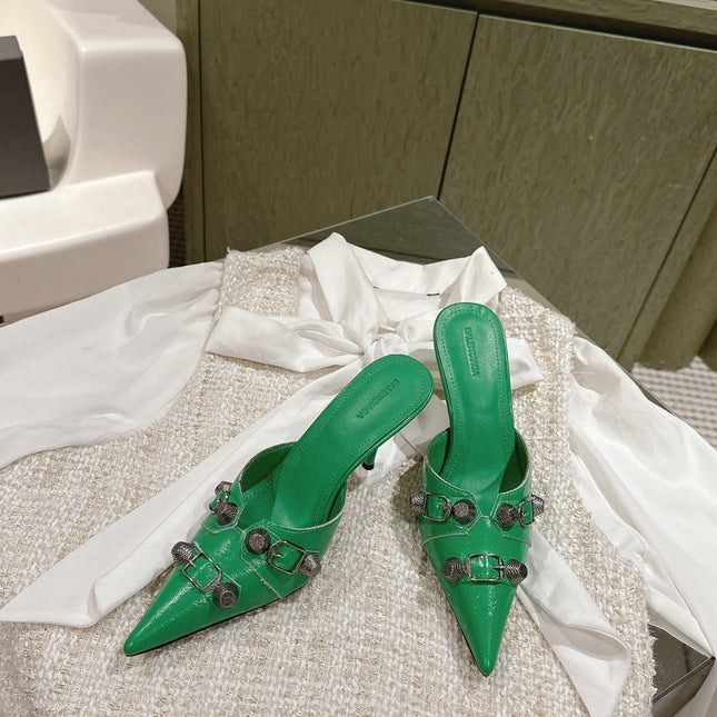 CAGOLE POINTED HIGH MULES IN GREEN SHINY CALFSKIN