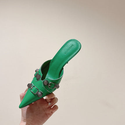 CAGOLE POINTED HIGH MULES IN GREEN SHINY CALFSKIN