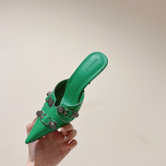 CAGOLE POINTED HIGH MULES IN GREEN SHINY CALFSKIN