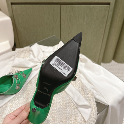 CAGOLE POINTED HIGH MULES IN GREEN SHINY CALFSKIN