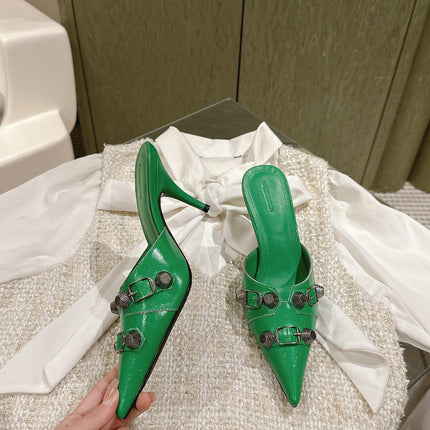 CAGOLE POINTED HIGH MULES IN GREEN SHINY CALFSKIN