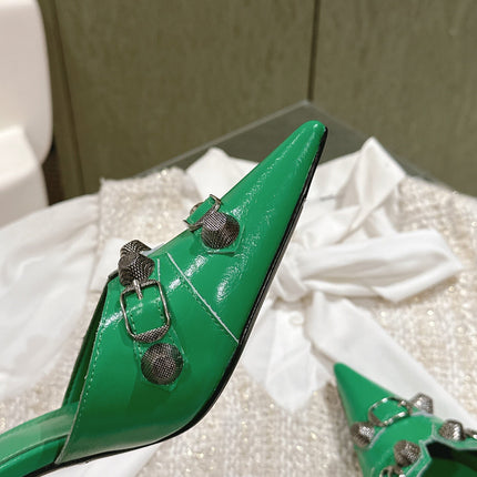 CAGOLE POINTED HIGH MULES IN GREEN SHINY CALFSKIN