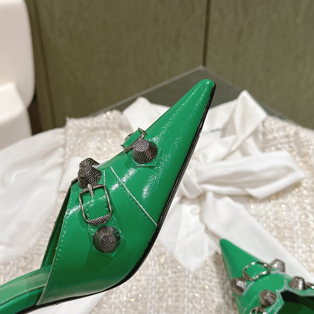 CAGOLE POINTED HIGH MULES IN GREEN SHINY CALFSKIN