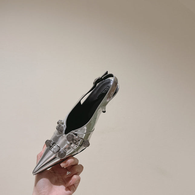 CAGOLE HIGH SLINGBACK IN SILVER GLOSSY CALFSKIN