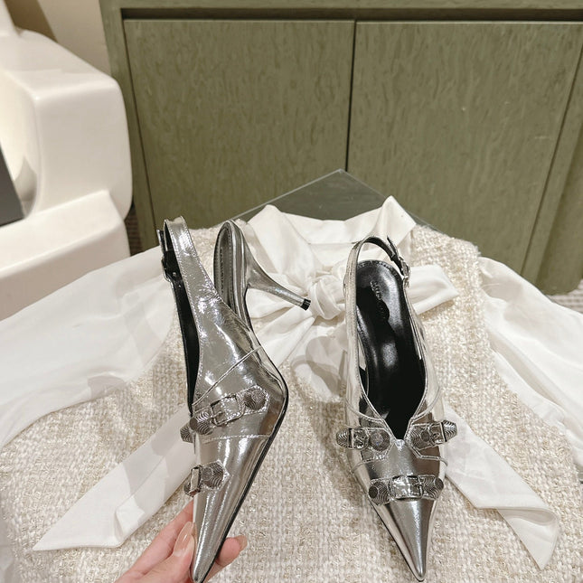 CAGOLE HIGH SLINGBACK IN SILVER GLOSSY CALFSKIN