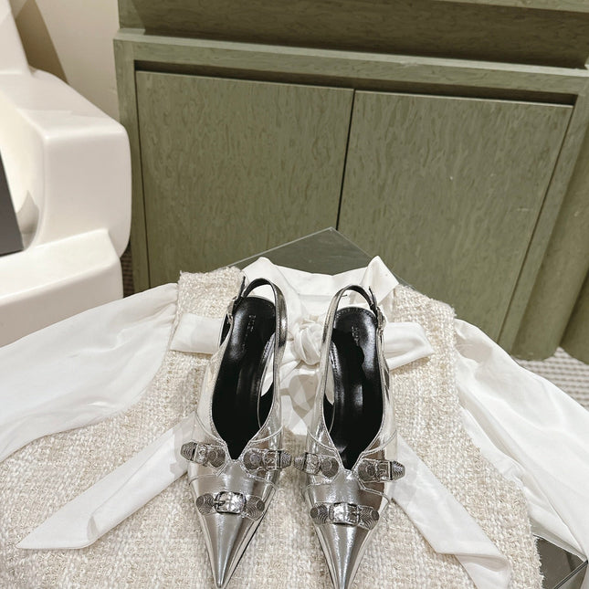 CAGOLE HIGH SLINGBACK IN SILVER GLOSSY CALFSKIN