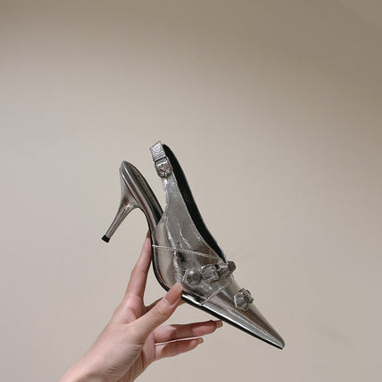 CAGOLE HIGH SLINGBACK IN SILVER GLOSSY CALFSKIN