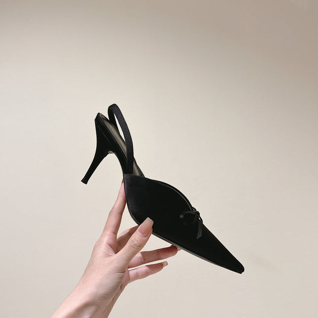 POINTED HIGH SLINGBLACK WITH BOW IN BLACK SILK