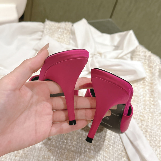 POINTED HIGH MULES WITH BOW IN HOT PINK SILK