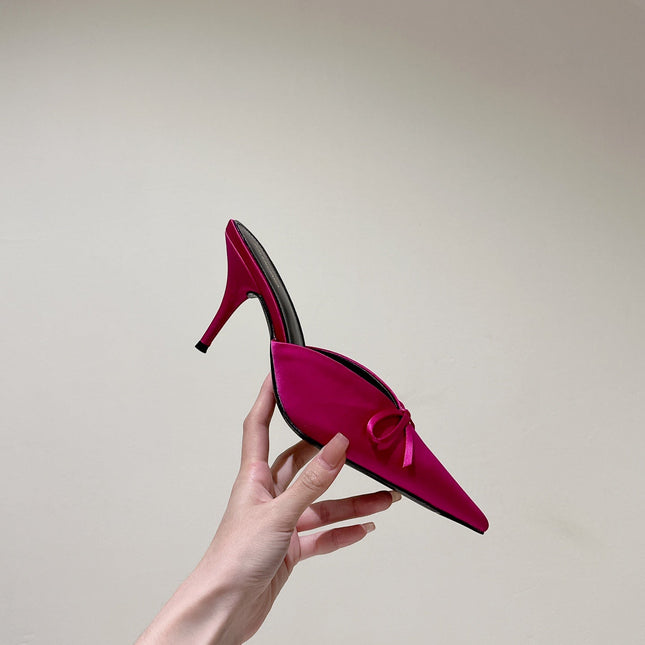 POINTED HIGH MULES WITH BOW IN HOT PINK SILK