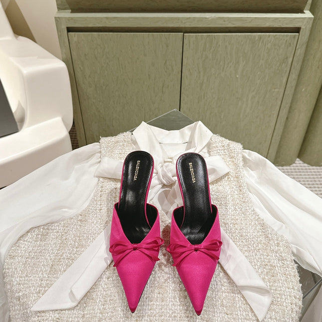 POINTED HIGH MULES WITH BOW IN HOT PINK SILK