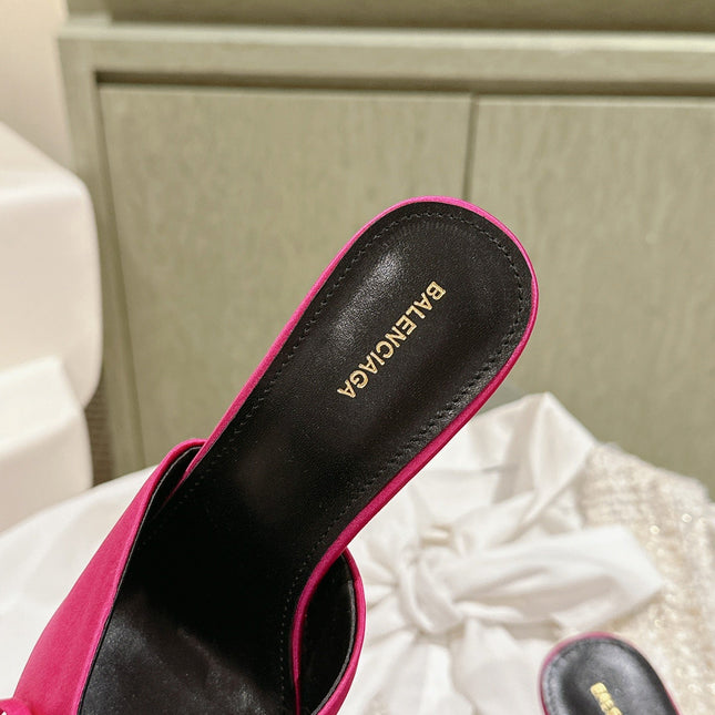 POINTED HIGH MULES WITH BOW IN HOT PINK SILK